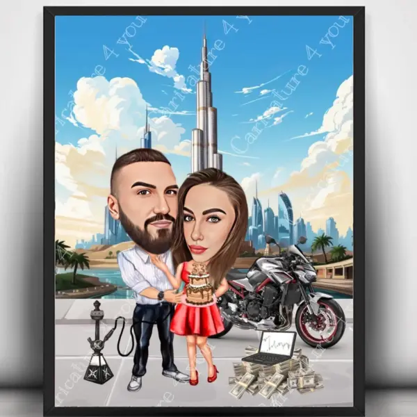 Карикатура за двойка рожден ден с мотор