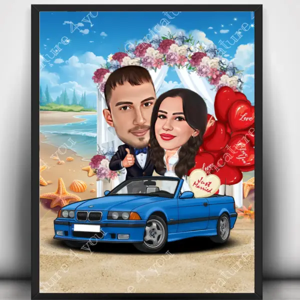 Карикатура за двойка сватба на плажа