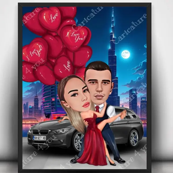 Карикатура за двойка с балони и автомобил