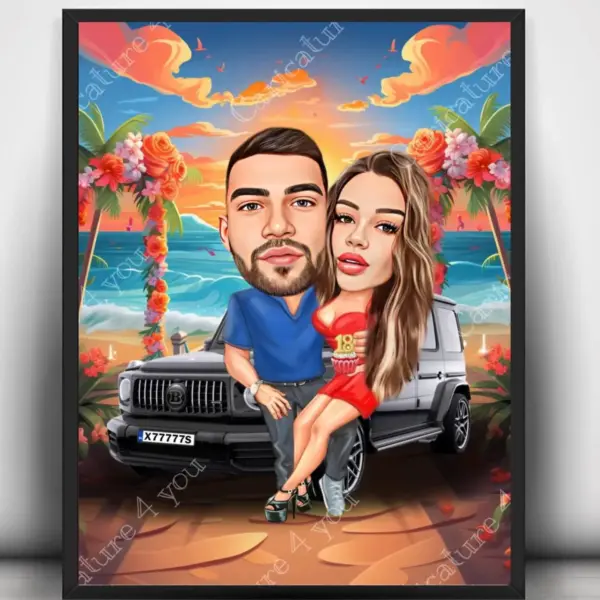 Карикатура за двойка на плажа с кола