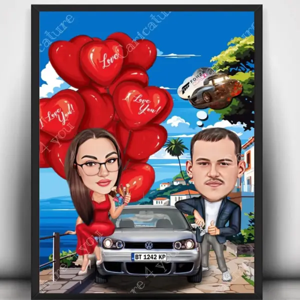 Карикатура за двойка с кола и балони