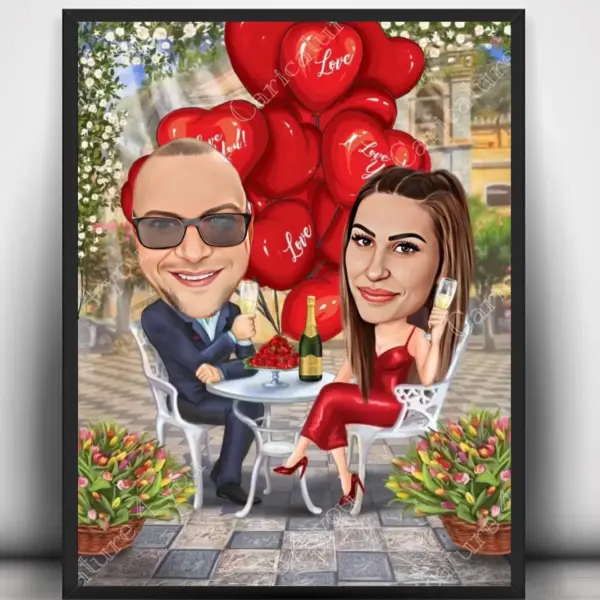 Карикатура за двойка със сърца