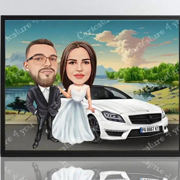 Карикатура за сватба с кола