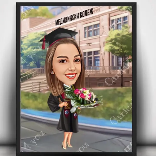 Карикатура дипломиране с букет