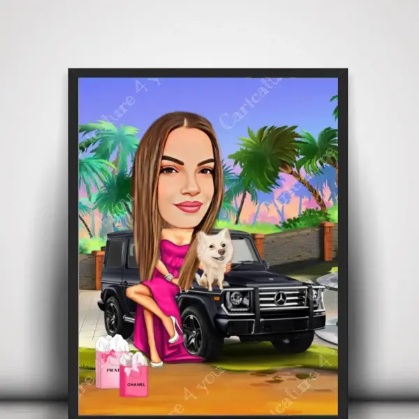 Карикатура за жена с кола и куче