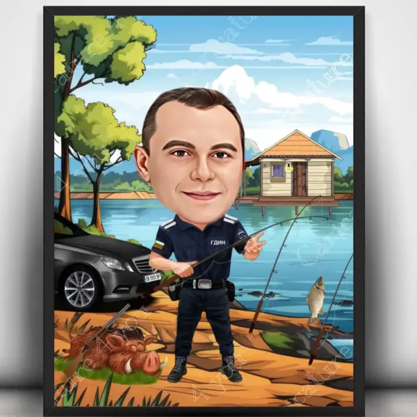 Карикатура за мъж полицай рибар