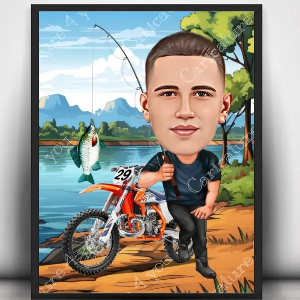 Карикатура за мъж рибар с мотор