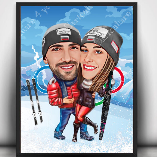 Карикатура за ски двойка