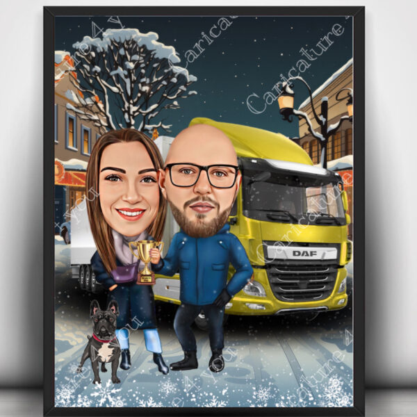 Коледна карикатура за двойка с камион