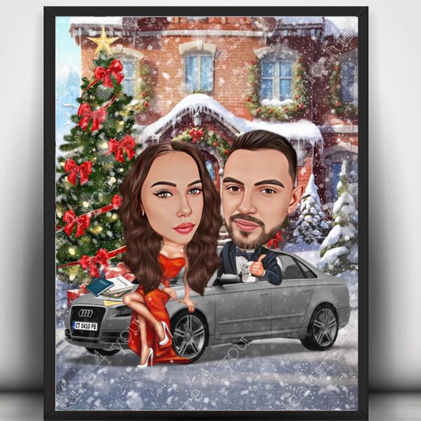 Коледна карикатура за двойка с кола
