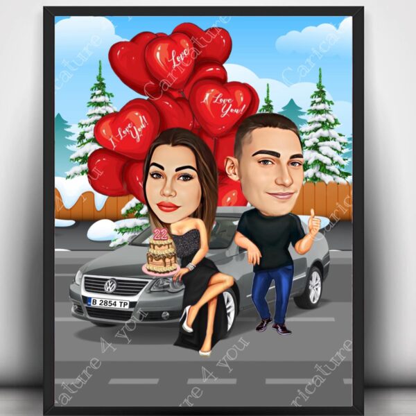 Коледна карикатура за двойка с кола и балони