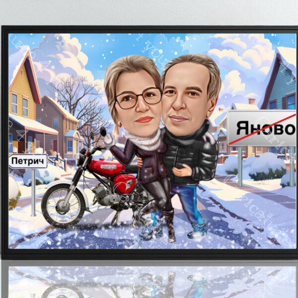 Коледна карикатура за двойка с мотор