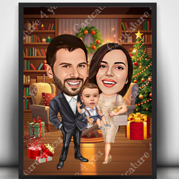 Коледна карикатура за семейство с бебе