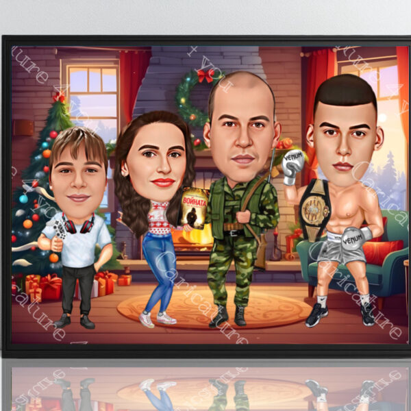 Коледна карикатура за семейство с елха