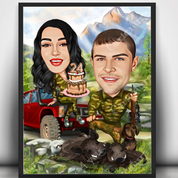 Ловна карикатура за двойка с джип