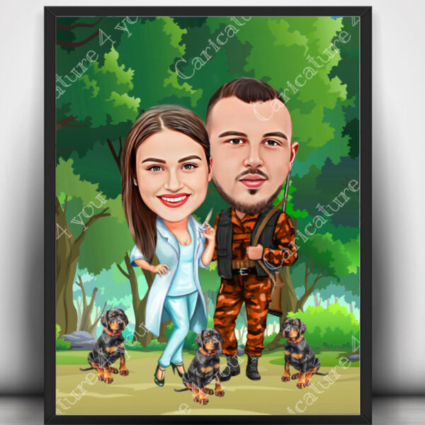 Ловна карикатура за двойка с кучетa