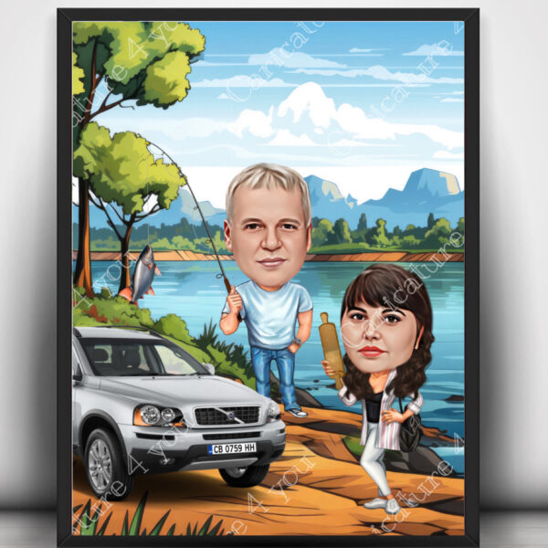 Риболовна карикатура за двойка с кола
