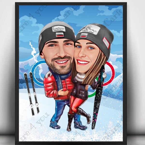 Ски карикатура за двойка